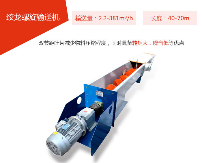 絞龍螺旋輸送機(jī)輸送量：2.2-381m3/h 長度：40-70m 雙節(jié)距葉片減少物料壓縮程度，同時(shí)具備轉(zhuǎn)矩大，噪音低等優(yōu)點(diǎn)。