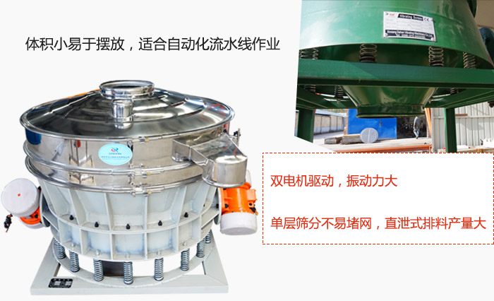 雙電機(jī)驅(qū)動(dòng)，振動(dòng)力大，單層篩分不易堵網(wǎng)，直泄式排料產(chǎn)量大