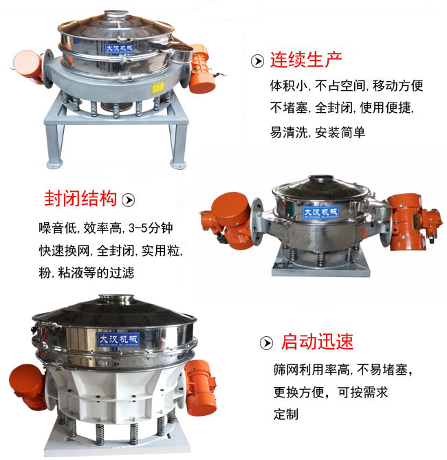 直徑1000mm直排篩特點(diǎn)：連續(xù)生產(chǎn)：體積小，不占空間，移動(dòng)方便，不堵塞，全封閉，使用便捷，易清洗，安裝簡(jiǎn)單。封閉結(jié)構(gòu)：噪音低，效率高，3-5分鐘，快速換網(wǎng)，全封閉，實(shí)用粒，粉粘液等的過(guò)濾。啟動(dòng)迅速：篩網(wǎng)利用率高，不易堵塞，更換方便，可按需求定制。